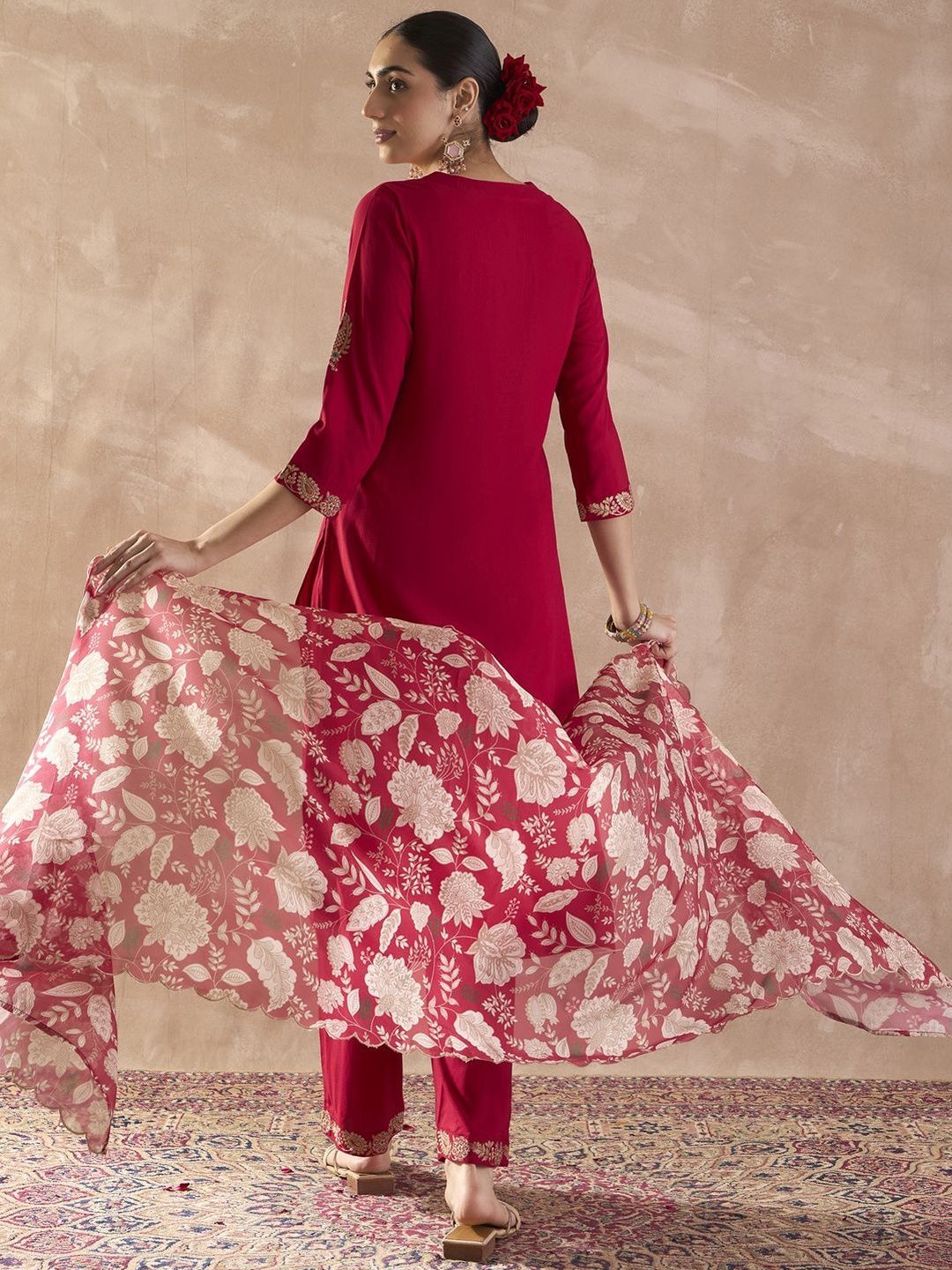 Ethnic Motifs Embroidered Notch Neck Thread Work Kurta With Trousers & Dupatta