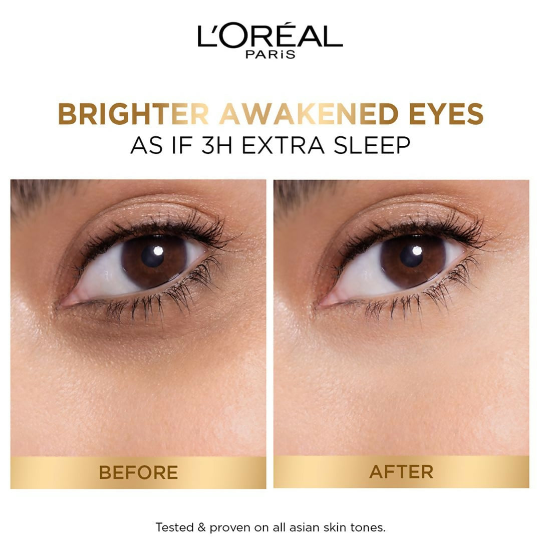 L'Oreal Paris Glycolic Bright Dark Circle Eye Serum with glycolic acid, vitamin Cg, and niacinamide in a sleek eye serum bottle.