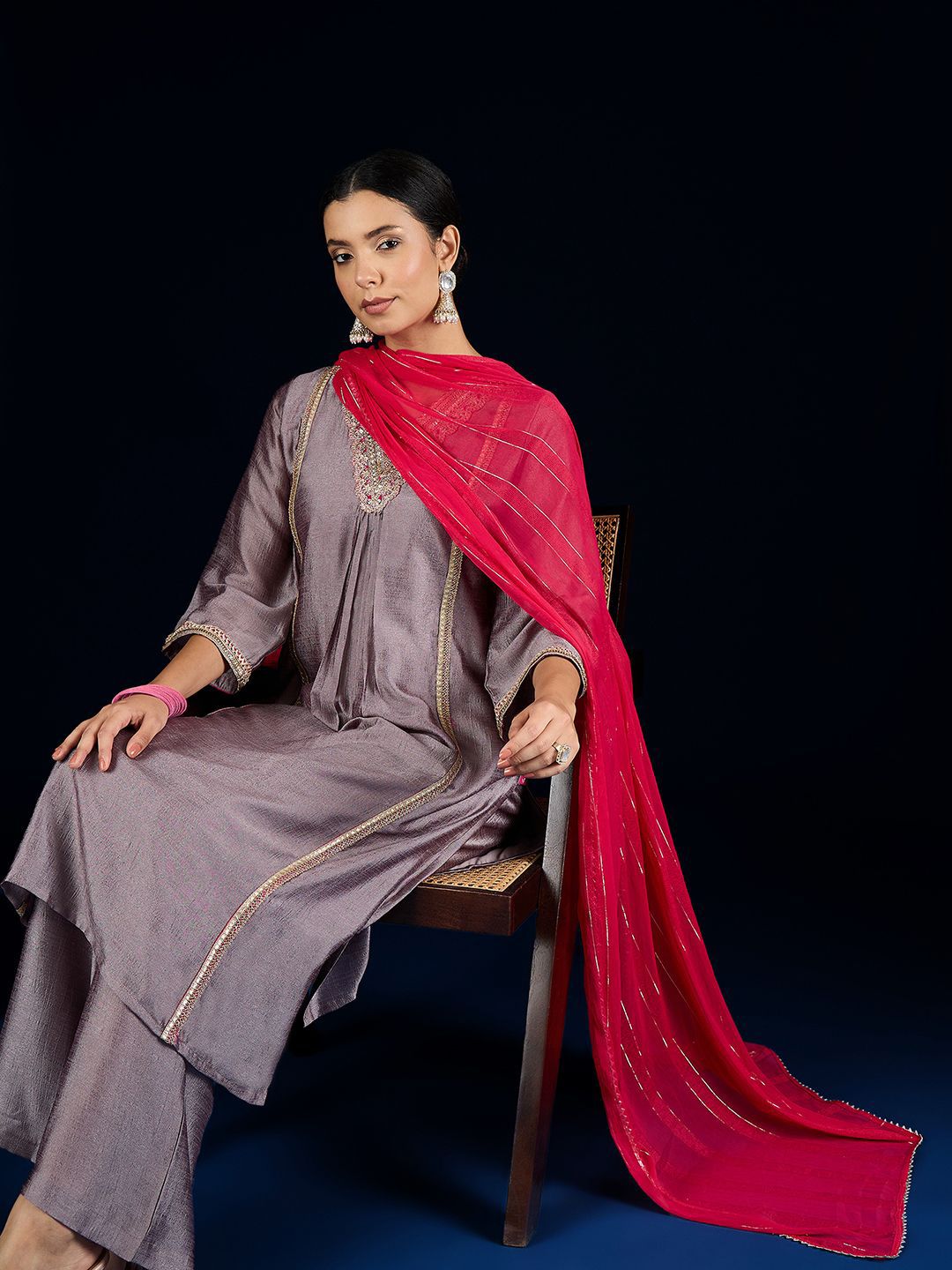 Indyancart VA Floral Yoke Design A-Line Kurta With Palazzos & Dupatta