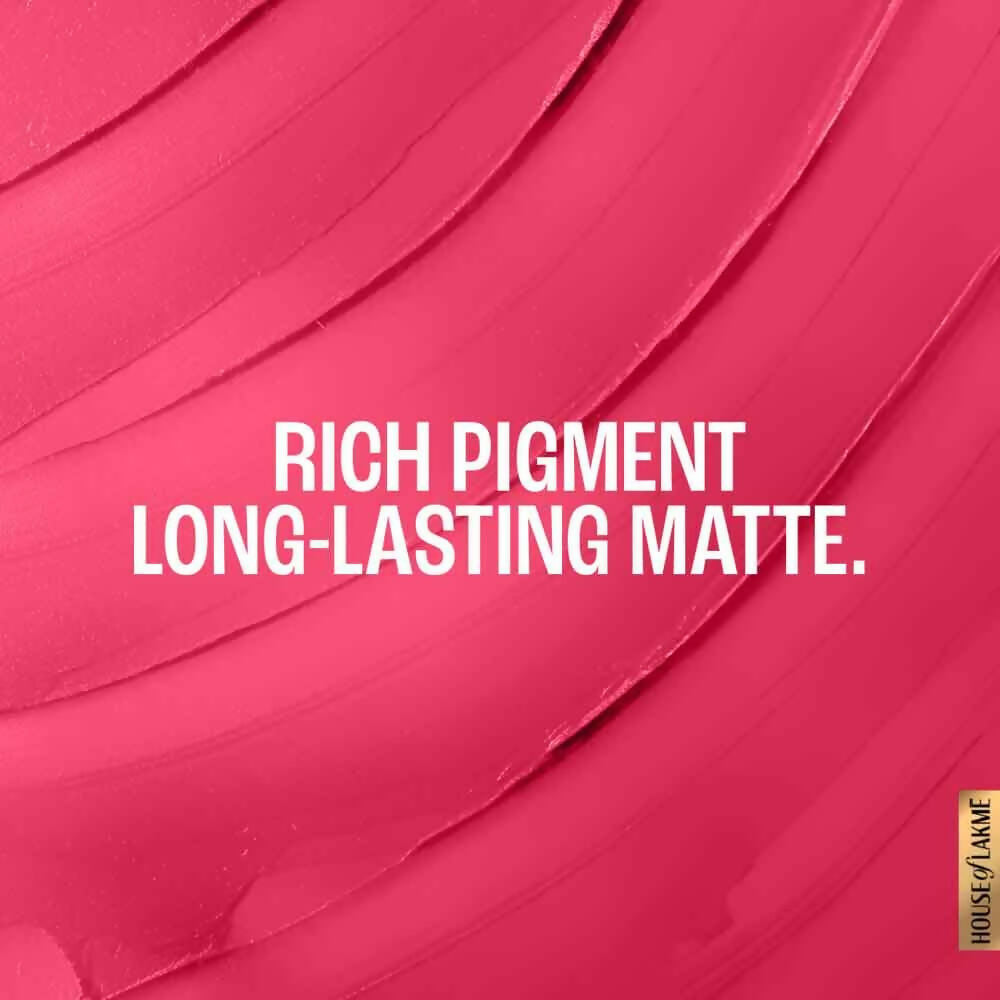 Lakme Forever Matte Lipstick in Pink Prom with French Rose Oil extracts, showing a vibrant pink lipstick applied on lips.