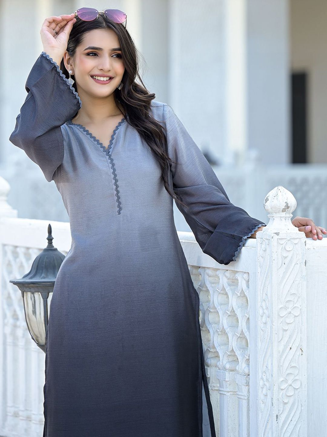 Indyancart VA Women's Ombre Regular V neck Silk Blend Kurta with Trousers
