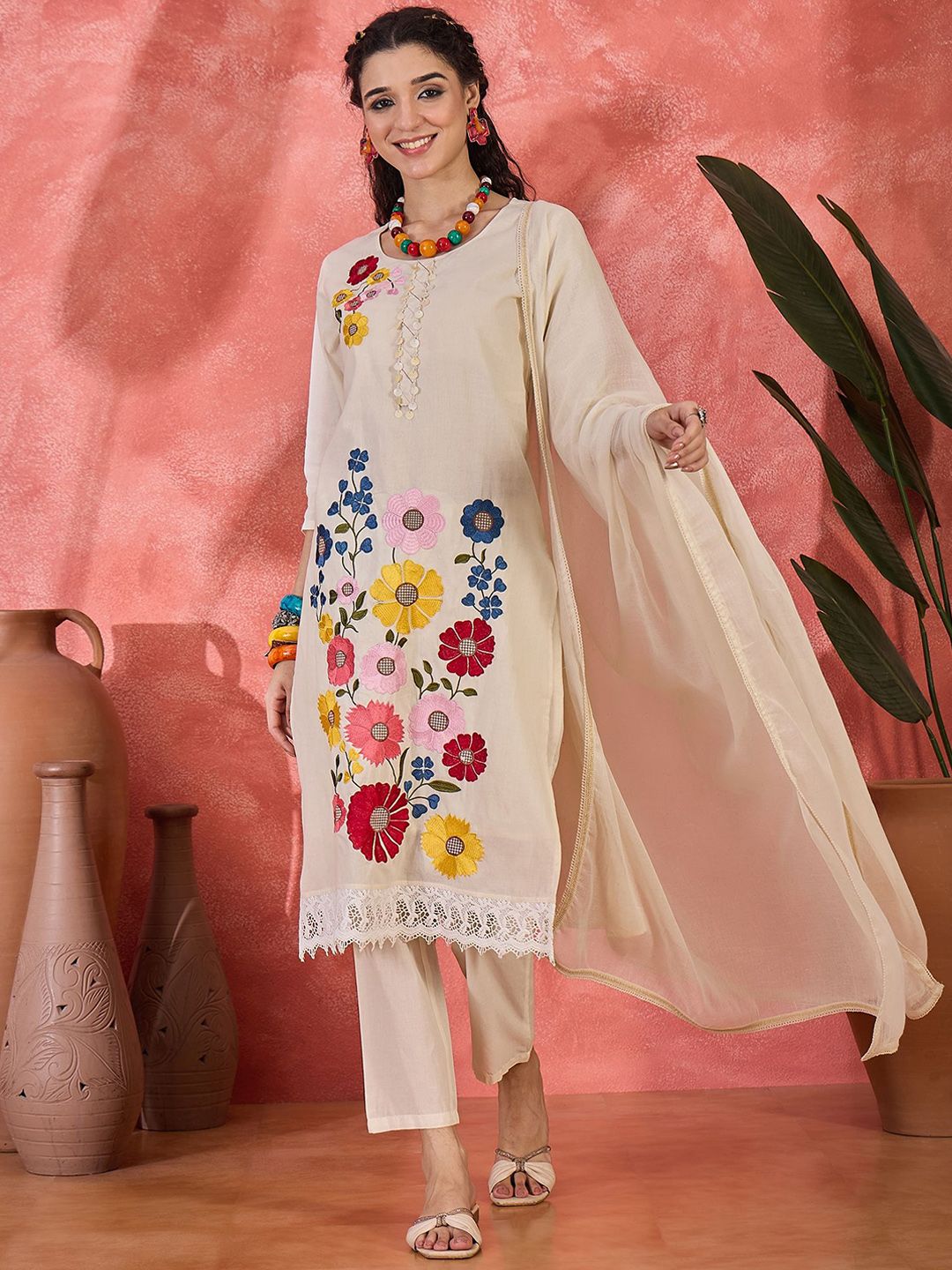 Indyancart SN Women's Embroidered Pure Cotton Straight Kurta &Trousers With Dupatta