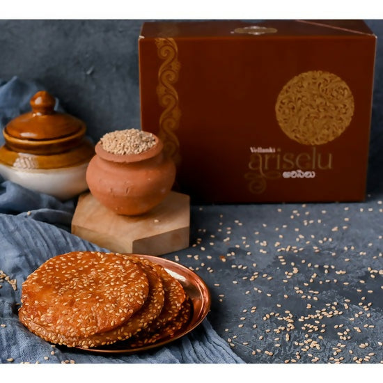 Vellanki Foods Ariselu South Indian sweet made with rice and jaggery, traditional Andhra style Ariselu, crispy and golden brown