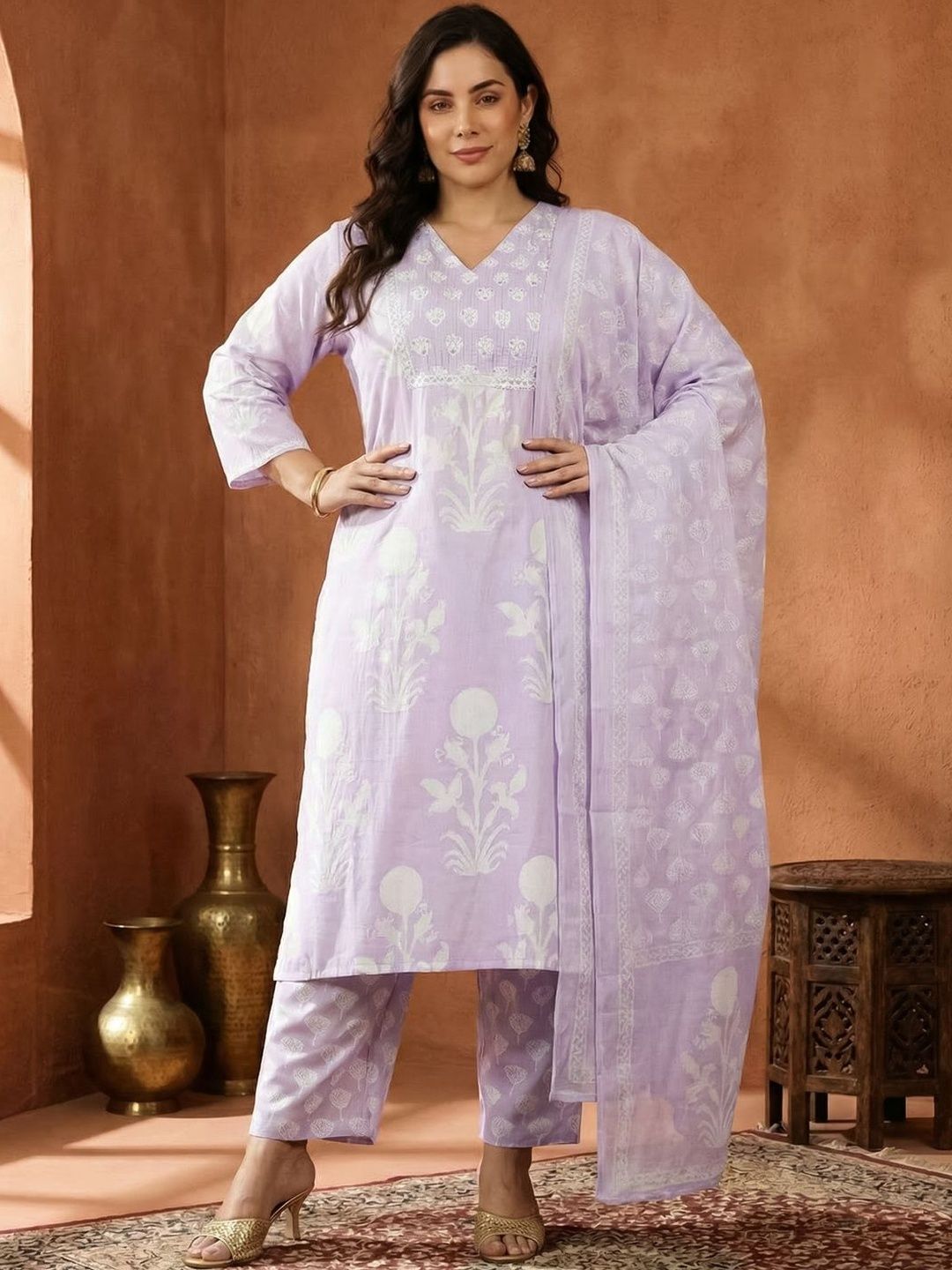 Indyancart Women's Floral Printed Regular Pure Cotton Kurta with Trousers & With Dupatta