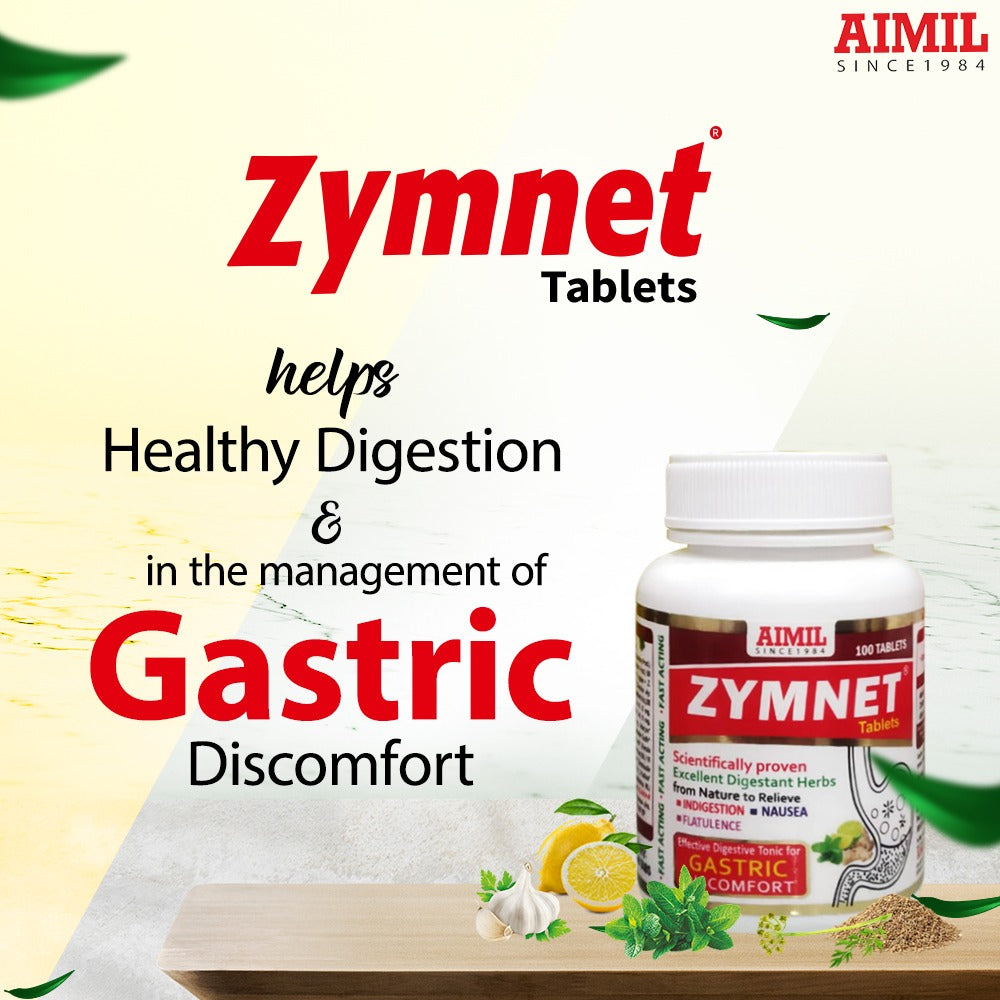 Aimil Zymnet Ayurvedic tablets in a blister pack, showing the supplement's packaging and tablets for digestive support.