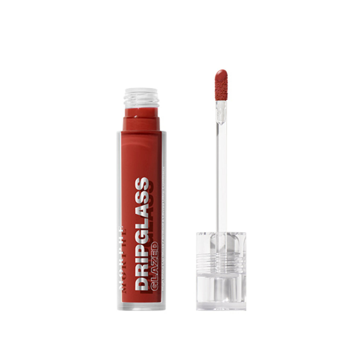 MORPHE Dripglass Glazed High Shine Lip Gloss in Unbreakable Brick, featuring a glossy, vibrant brick-colored lip gloss tube.