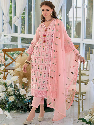 Indyancart IE Floral Embroidered Thread Work Pure Cotton Kurta With Trousers & Dupatta