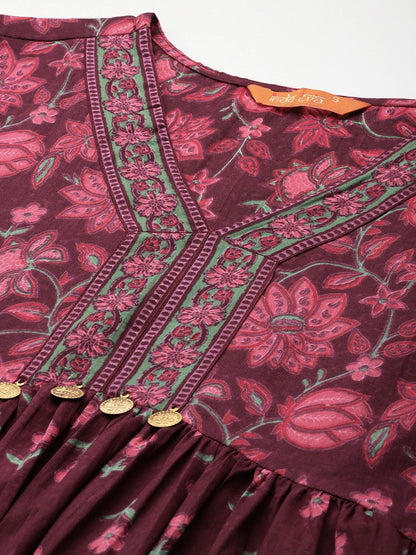 Indyancart IE Floral Printed Empire Pure Cotton Kurta with Trousers & Dupatta