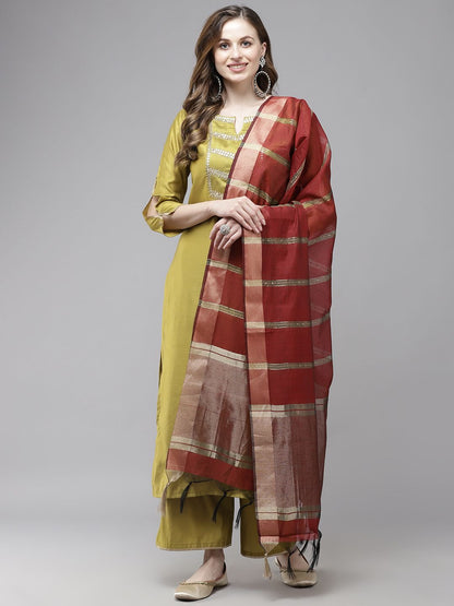 Indyancart IE Women Olive Green Regular Liva Kurta with Trousers & With Dupatta