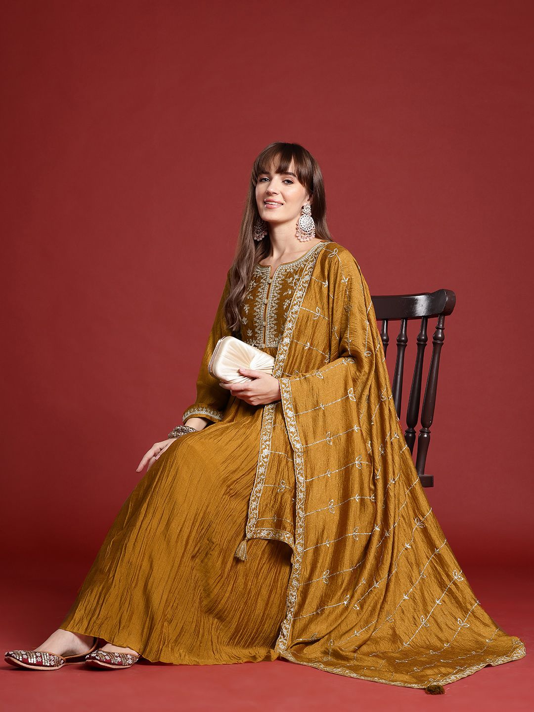 Floral Embroidered Pleated Zari Kurta With Trousers & Dupatta