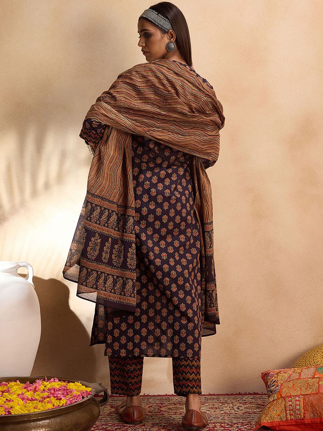 Indyancart IE Ethnic Motifs Printed Straight Pure Cotton Kurta with Trousers & Dupatta