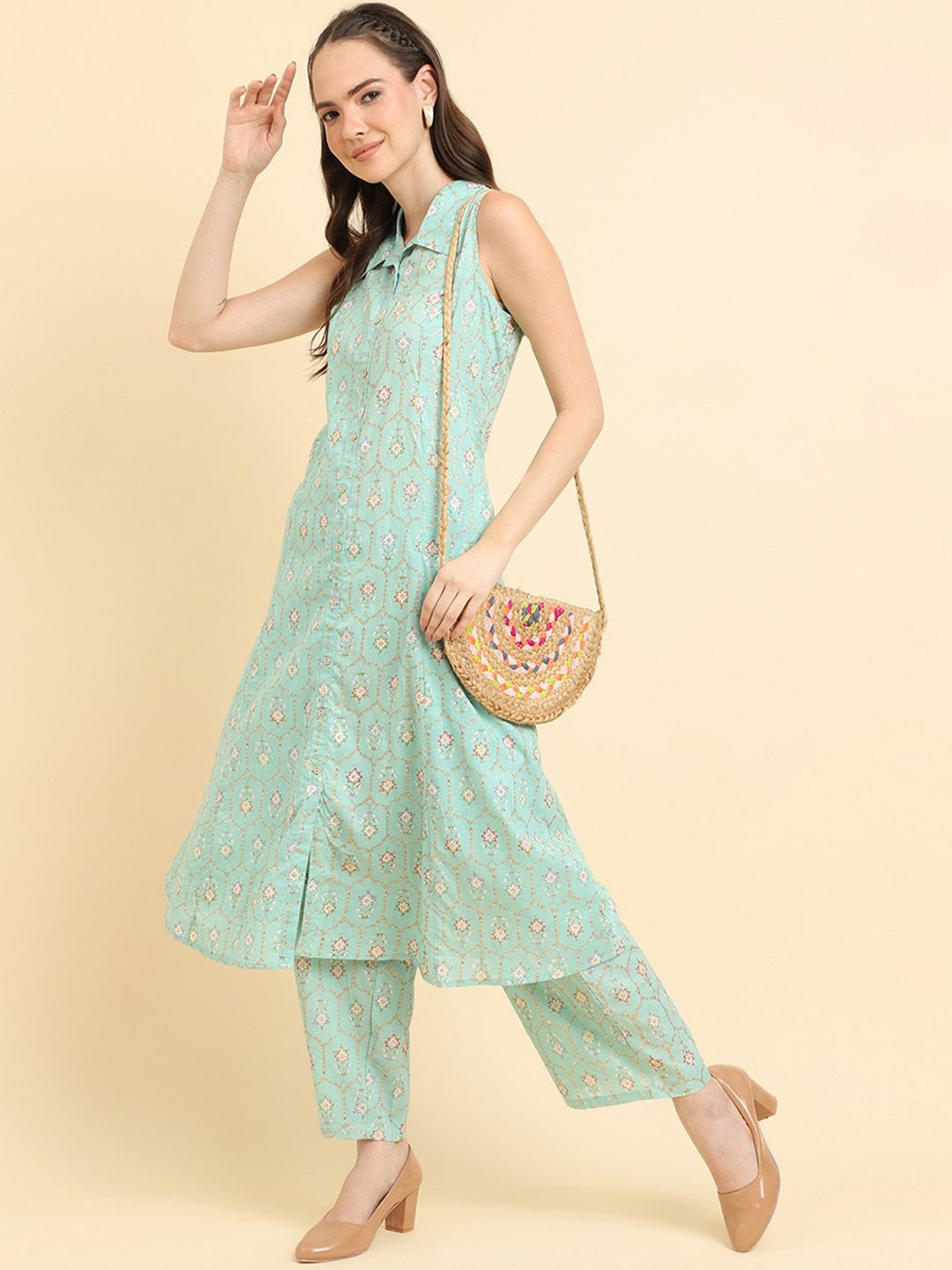 Dhiyona VA Women'sEthnic Motifs Printed Panelled Kurta with Trousers