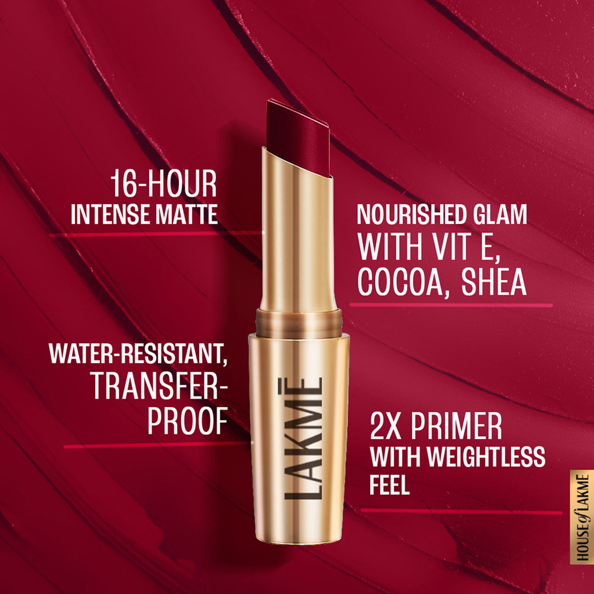 Lakme 9 to 5 Powerplay Priming Matte Lipstick in Burgundy Passion, showing the lipstick tube with the deep burgundy shade.