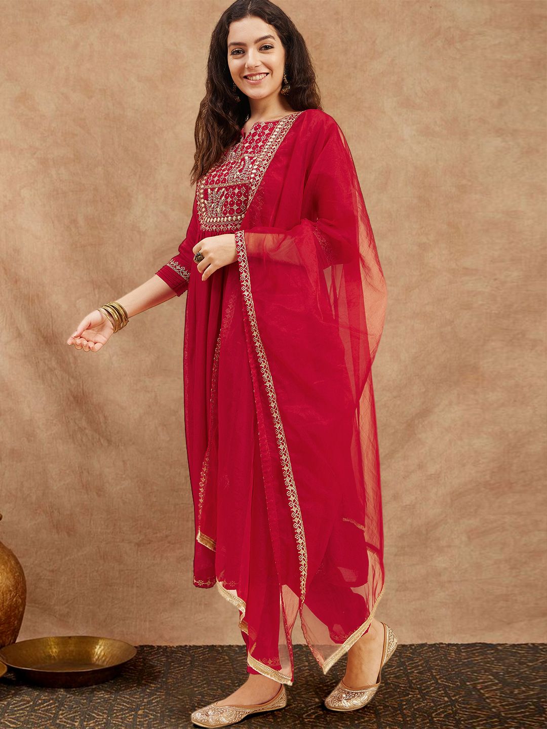 Indyancart SN Women's Yoke Design Embroidered Kurta Sets With Dupatta