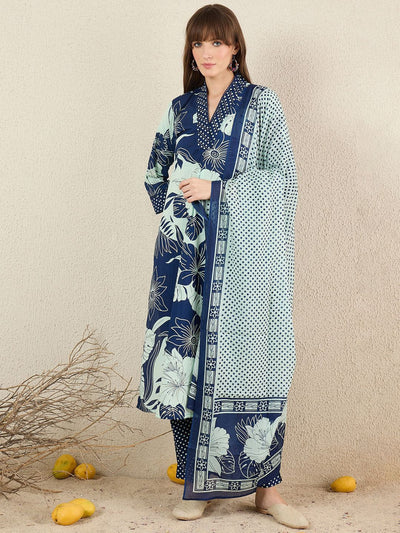 Indyancart IE Women Floral Printed Cotton Kurta with Trousers & Dupatta
