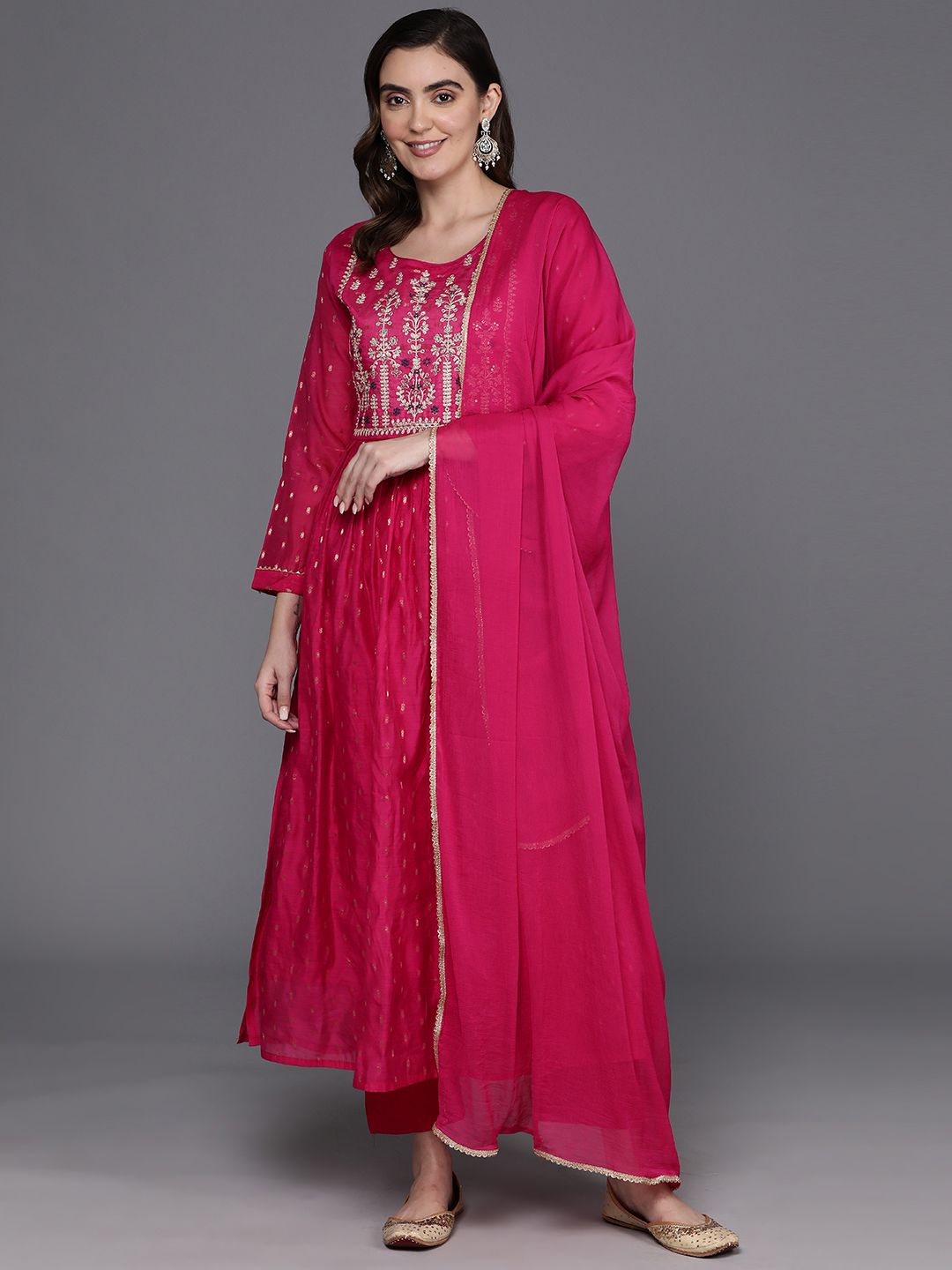 Dhiyona IE Embroidered Empire Sequinned Chanderi Silk Kurta with Trousers & Dupatta