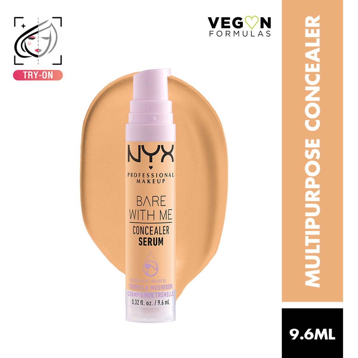 NYX Professional Makeup Bare With Me Serum and Calm Concealer in Golden, featuring the serum bottle and concealer tube.
