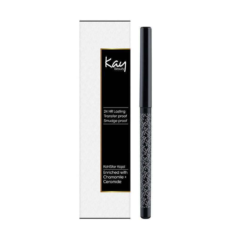 Kay Beauty waterproof kajal in spade black, 24-hour smudge-proof eyeliner pencil with intense black color, suitable for bold eye makeup.