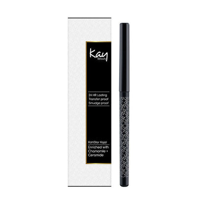 Kay Beauty waterproof kajal in spade black, 24-hour smudge-proof eyeliner pencil with intense black color, suitable for bold eye makeup.