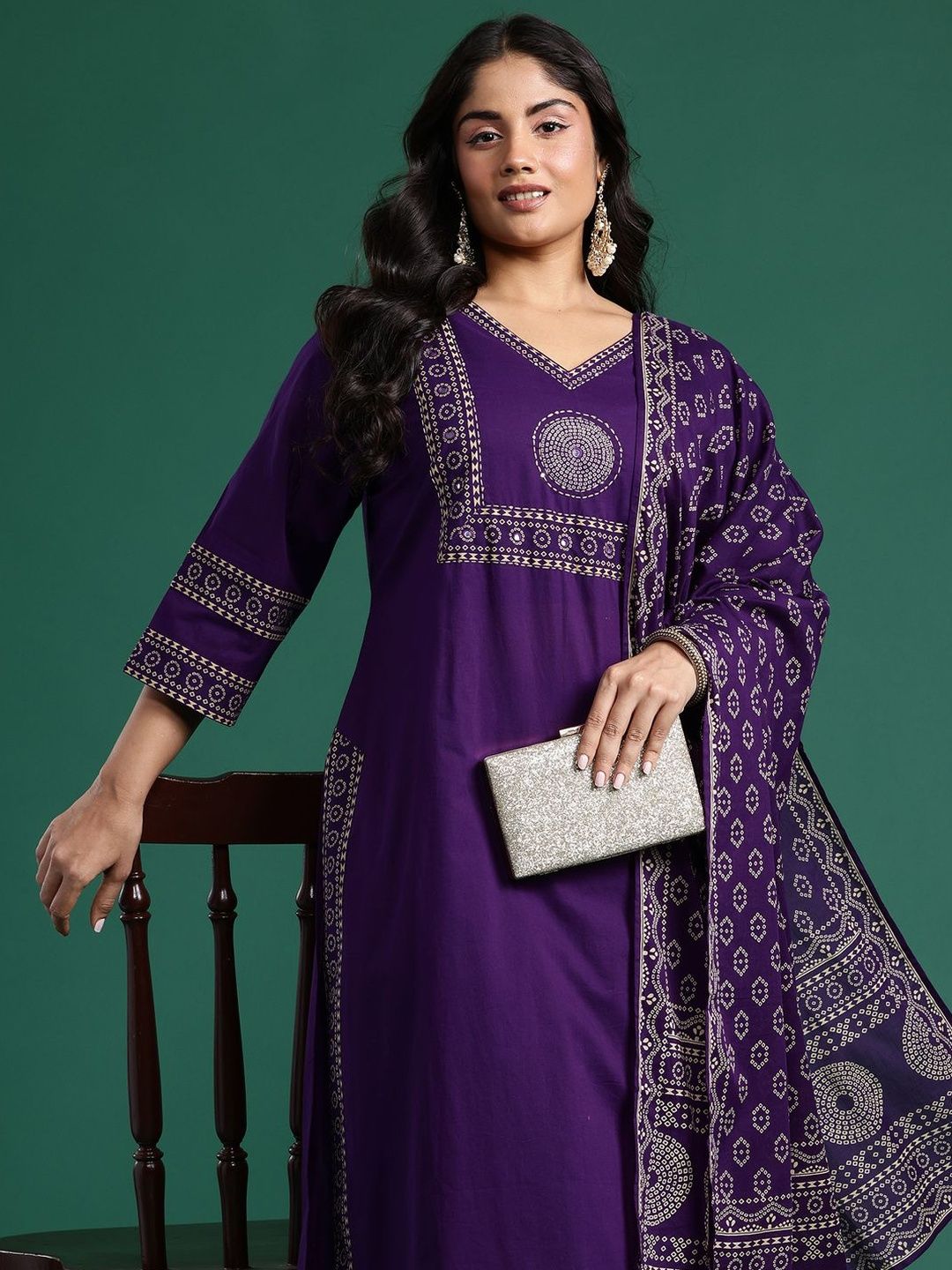 Indyancart Women's Ethnic Motifs Printed Regular Mirror Work Pure Cotton Kurta with Trousers & With Dupatta