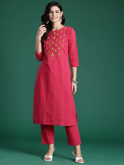 Dhiyona IE Floral Embroidered Thread Work Pure Cotton Kurta with Trousers