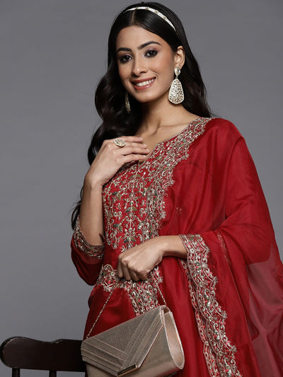 Indyancart IE Women Red Ethnic Motifs Embroidered Sequinned Liva Kurta with Trousers & Dupatta