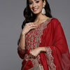 Dhiyona IE Women Red Ethnic Motifs Embroidered Sequinned Liva Kurta with Trousers & Dupatta