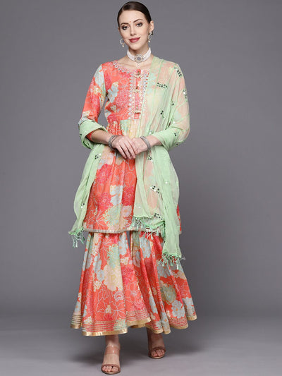 Indyancart VA Women's Coral Floral Printed Empire Mirror Work Kurta with Sharara & With Dupatta