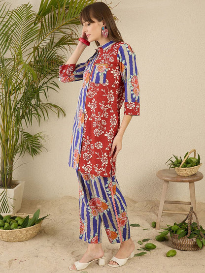 Indyancart IE Printed Pure Cotton Straight Tunic & Trousers Co-Ord Set