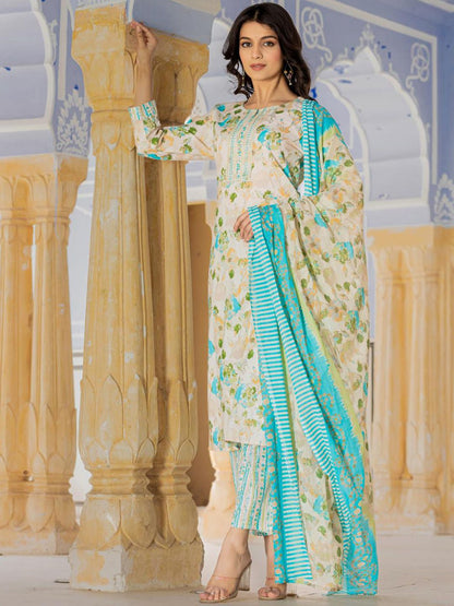 Indyancart VA Women'sFloral Printed Regular Beads and Stones Kurta with Trouser & Dupatta