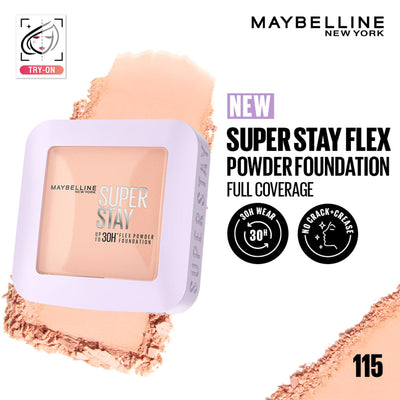 Maybelline New York Super Stay Flex Powder Foundation Compact-30H Full Cover-for Oily Skin - 115