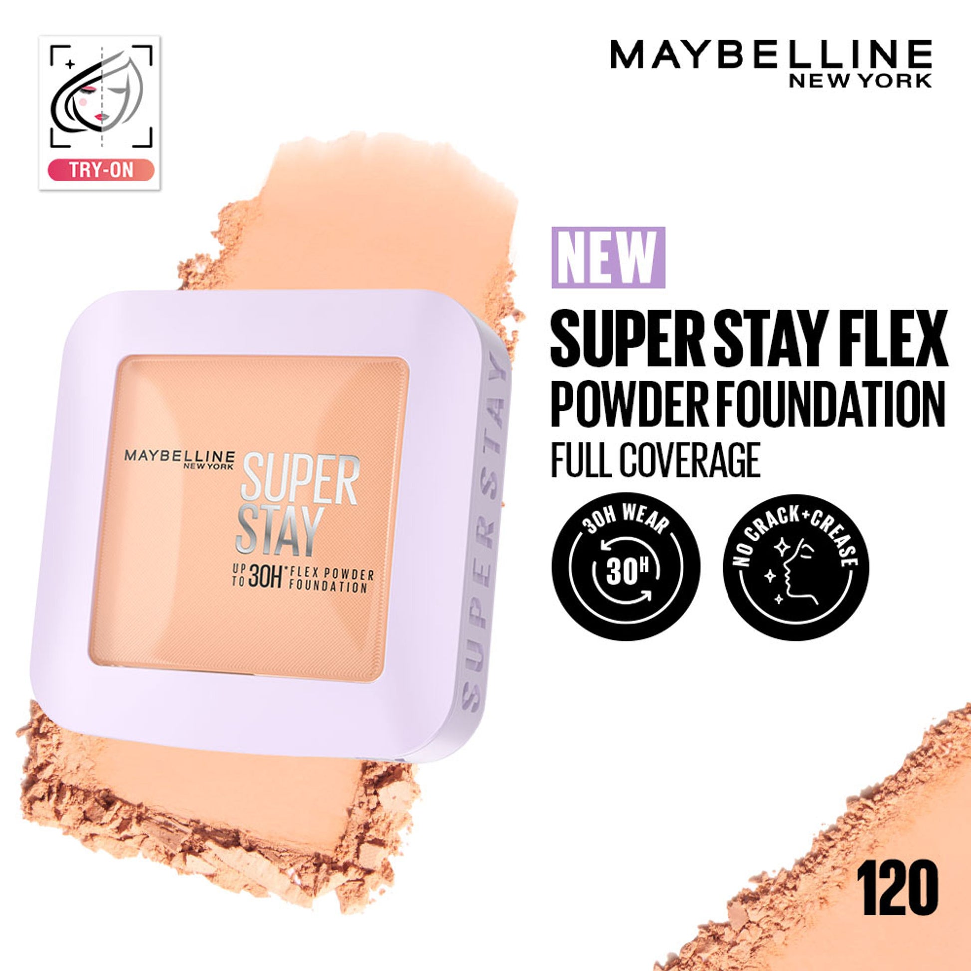 Maybelline New York Super Stay Flex Powder Foundation Compact-30H Full Cover-for Oily Skin - 120