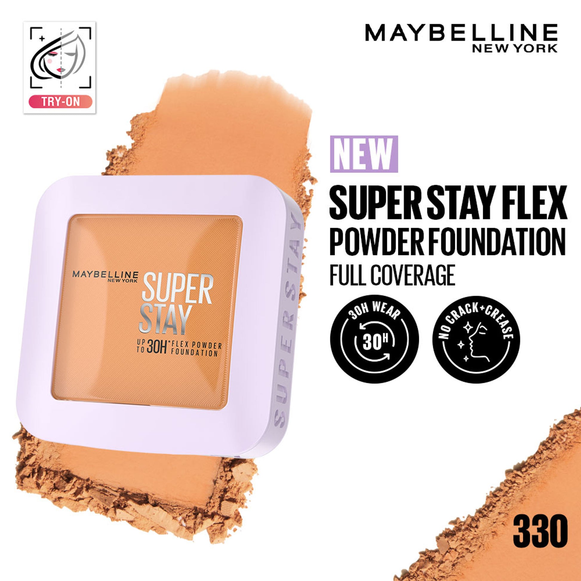 Maybelline New York Super Stay Flex Powder Foundation Compact-30H Full Cover-for Oily Skin - 330