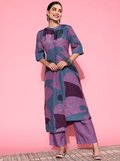 Indyancart VA Women'sAbstract Printed Mandarin Collar Straight Kurta with Trousers