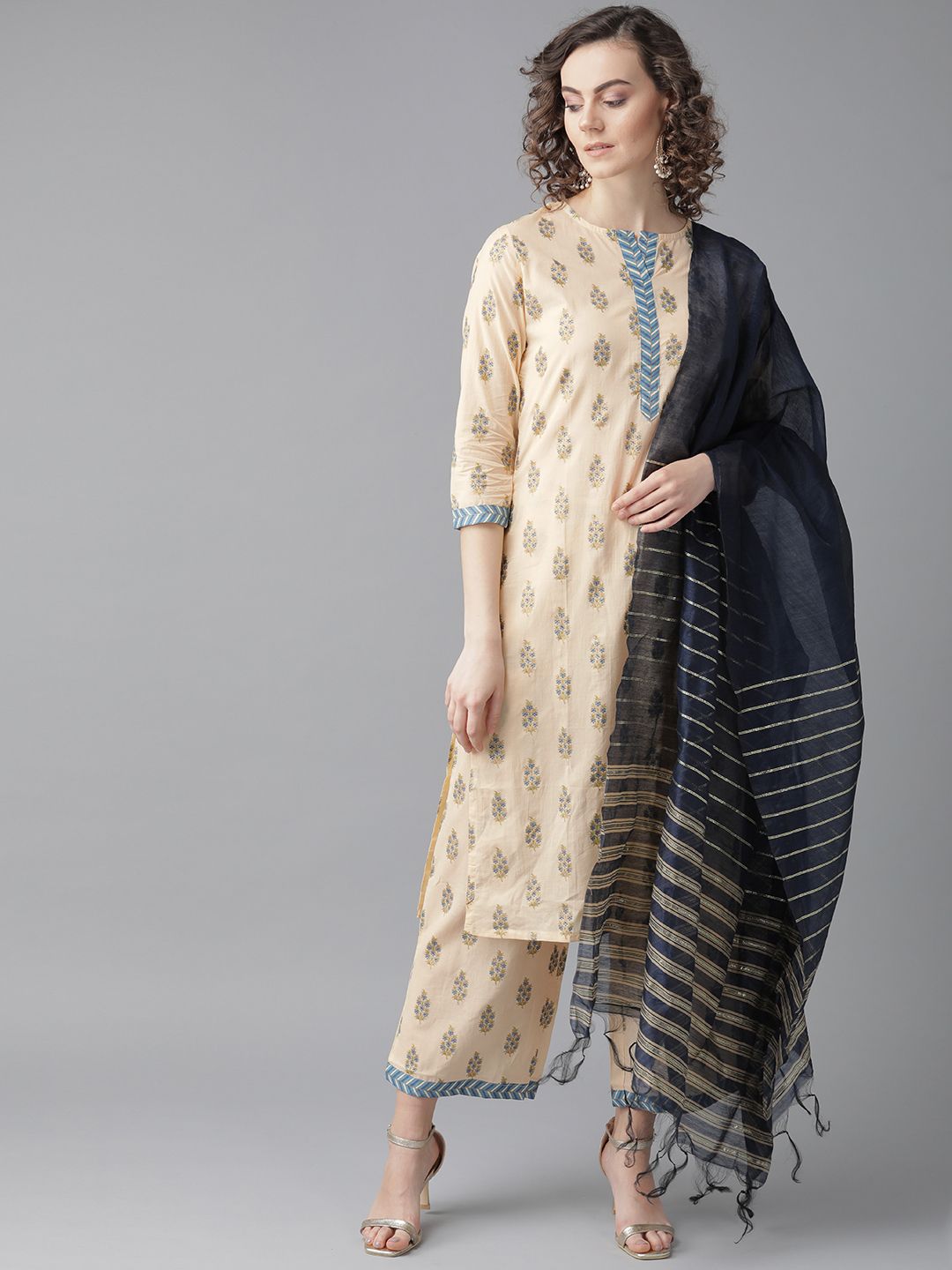 Indyancart IE Women Beige & Navy Blue Foil Printed Kurta with Palazzos & Dupatta
