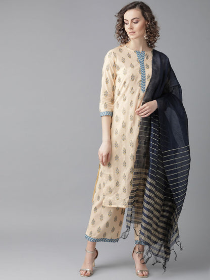Indyancart IE Women Beige & Navy Blue Foil Printed Kurta with Palazzos & Dupatta