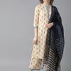 Indyancart IE Women Beige & Navy Blue Foil Printed Kurta with Palazzos & Dupatta