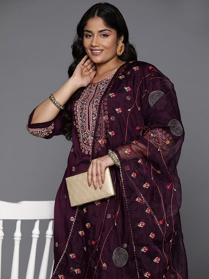 Indyancart IE Plus Size Floral Embroidered Embellished Straight Kurta with Trouser And Dupatta