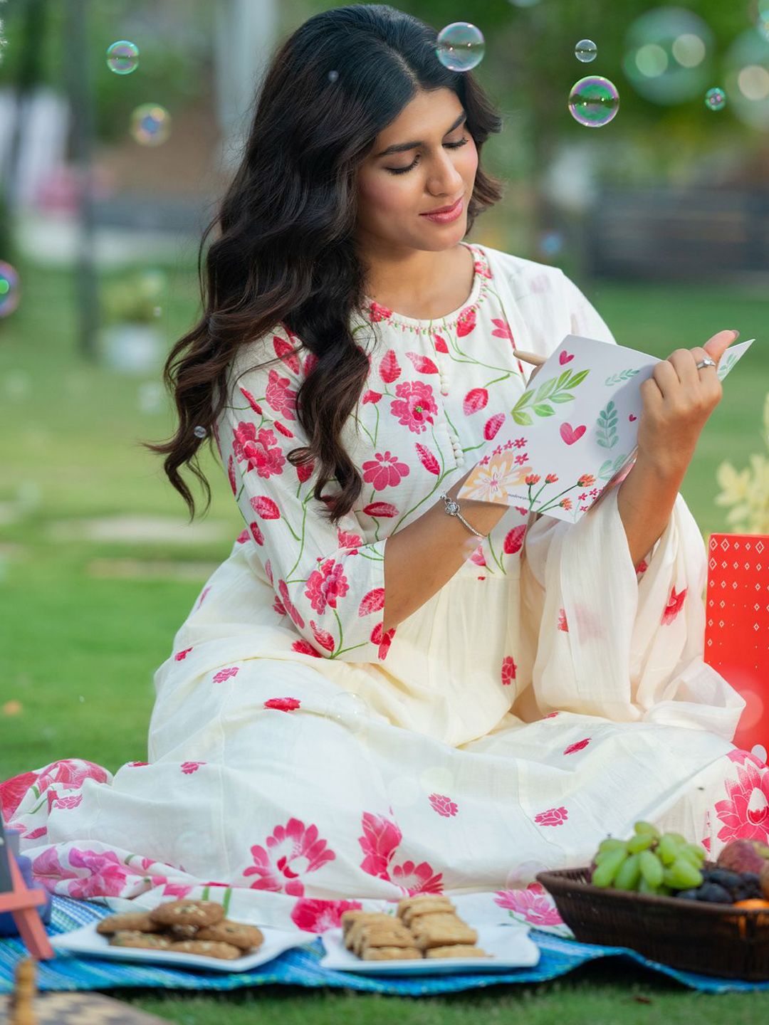 Floral Printed Pure Cotton Anarkali Kurta With Trousers & Dupatta