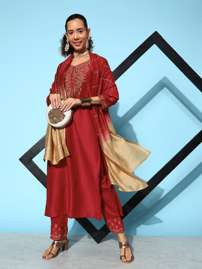 Indyancart VA Women's Maroon Ethnic Motifs Embroidered Kurta With Trousers & Dupatta