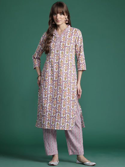 Indyancart IE Floral Printed Pure Cotton Kurta with Trousers