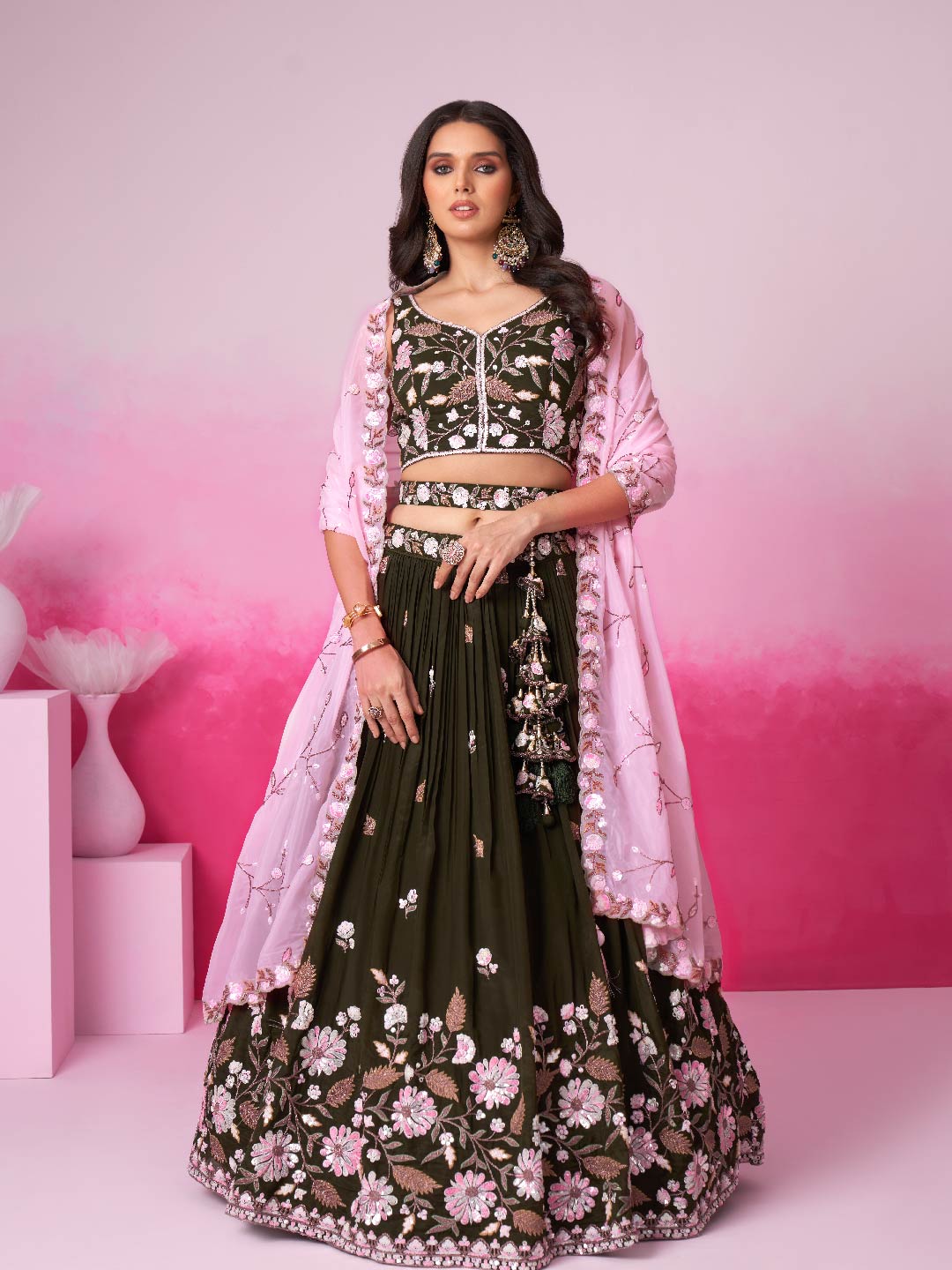 Women Olive Organza Sequins embroidery  Lehenga choli & Dupatta