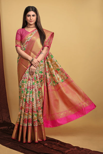 Indyancart GR Women's Peach Kalamkari Silk Saree