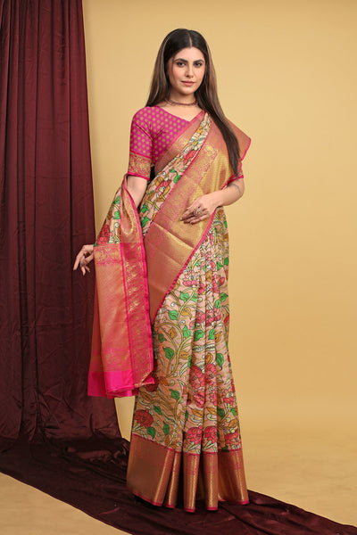 Indyancart GR Women's Peach Kalamkari Silk Saree