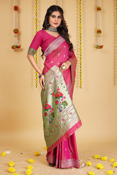 Indyancart GR Women's Mastani Rani Pink Zari Paithani Silk Saree