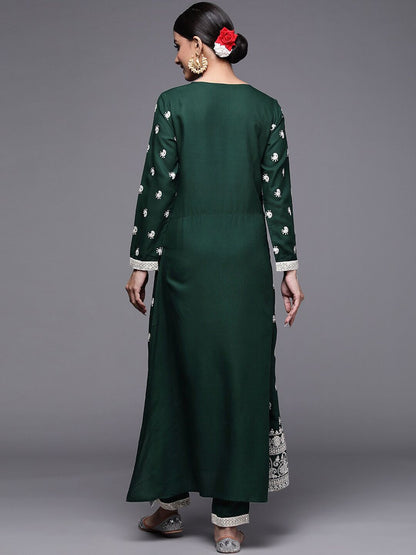 Dhiyona IE Women Green Ethnic Motifs Embroidered Kurta with Trousers