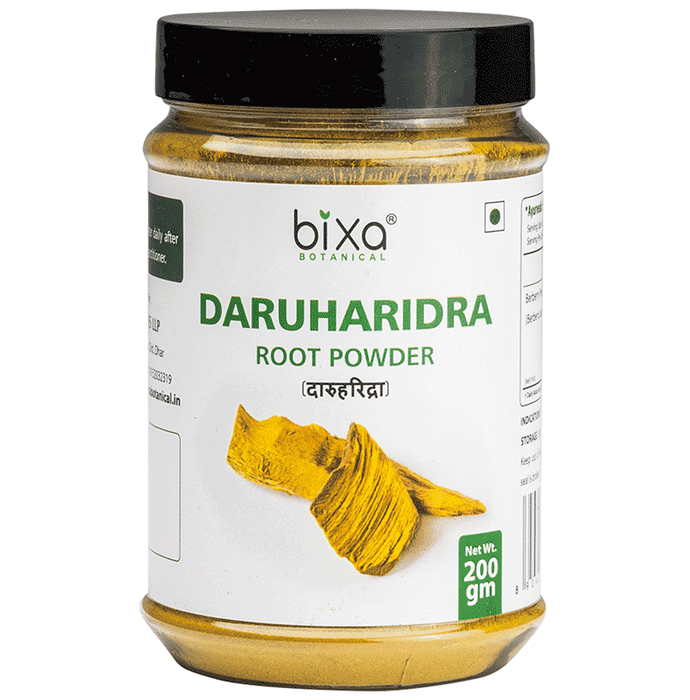 Bixa Botanical Daruharidra Ayurvedic powder in a clear glass jar, showing the fine, light brown herbal powder inside.