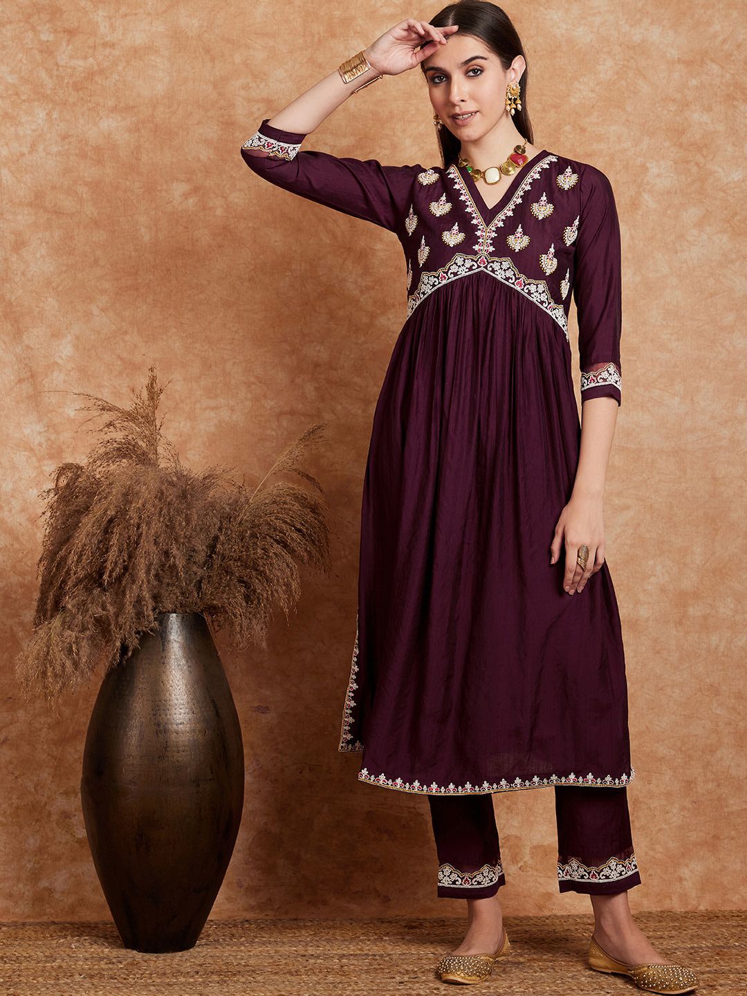 Indyancart SN Women's Alia Cut Ethnic Motifs Embroidered A-Line Kurta With Trouser