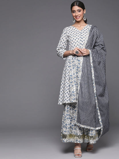 Indyancart VA Women's White Ethnic Motifs Printed Pure Cotton Kurta with Trousers & With Dupatta