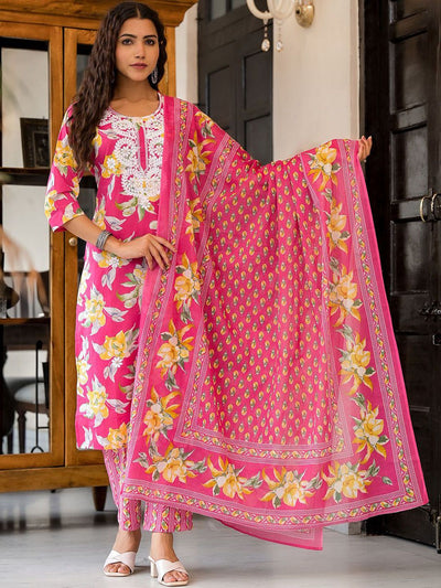 Indyancart SN Women's Floral Printed Thread Work Straight Kurta With Trousers & Dupatta Set